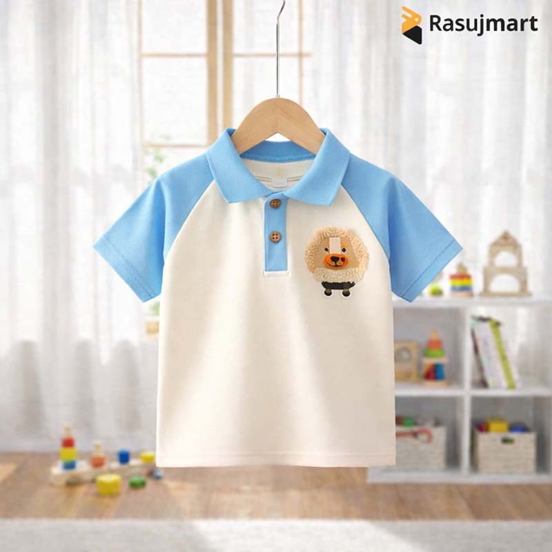 এক্সক্লুসিভ সফট কটন লায়ন ডিজাইন পলো টি-শার্ট (Sky Blue & Cream color)