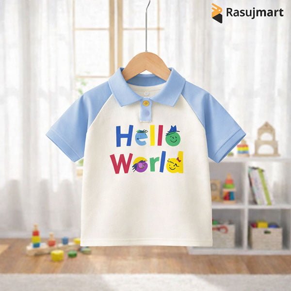 এক্সক্লুসিভ সফট কটন HELLO WORLD পলো টি-শার্ট (Sky Blue & Cream)